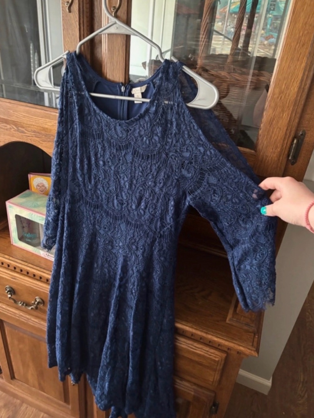 Lace Cold-Shoulder Long Sleeve Dress in Navy
